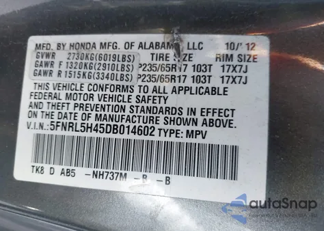 2013 Honda Odyssey Ex z USA, uszkodzony, nr VIN 5FNRL5H45DB014602